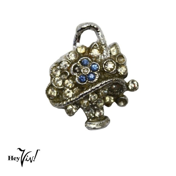 Two Vintage Scatter Pins Basket w Flowers and Round Rhinestone 5/8" - Hey Viv - Picture 2 of 6